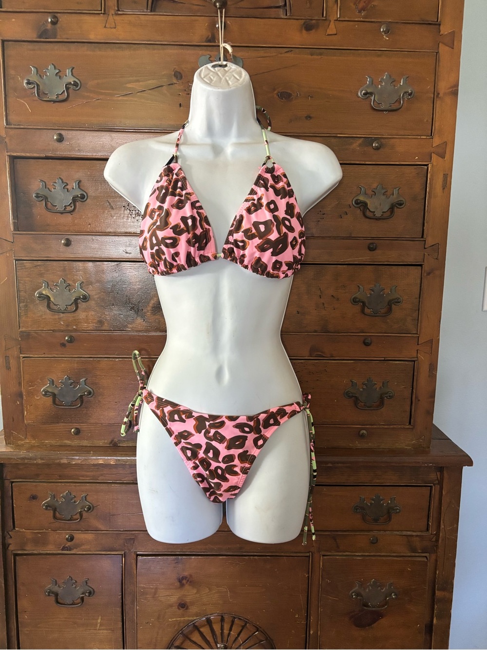 Pink Leopard Print Tie-Side Bikini - Women Swim Size L/XL